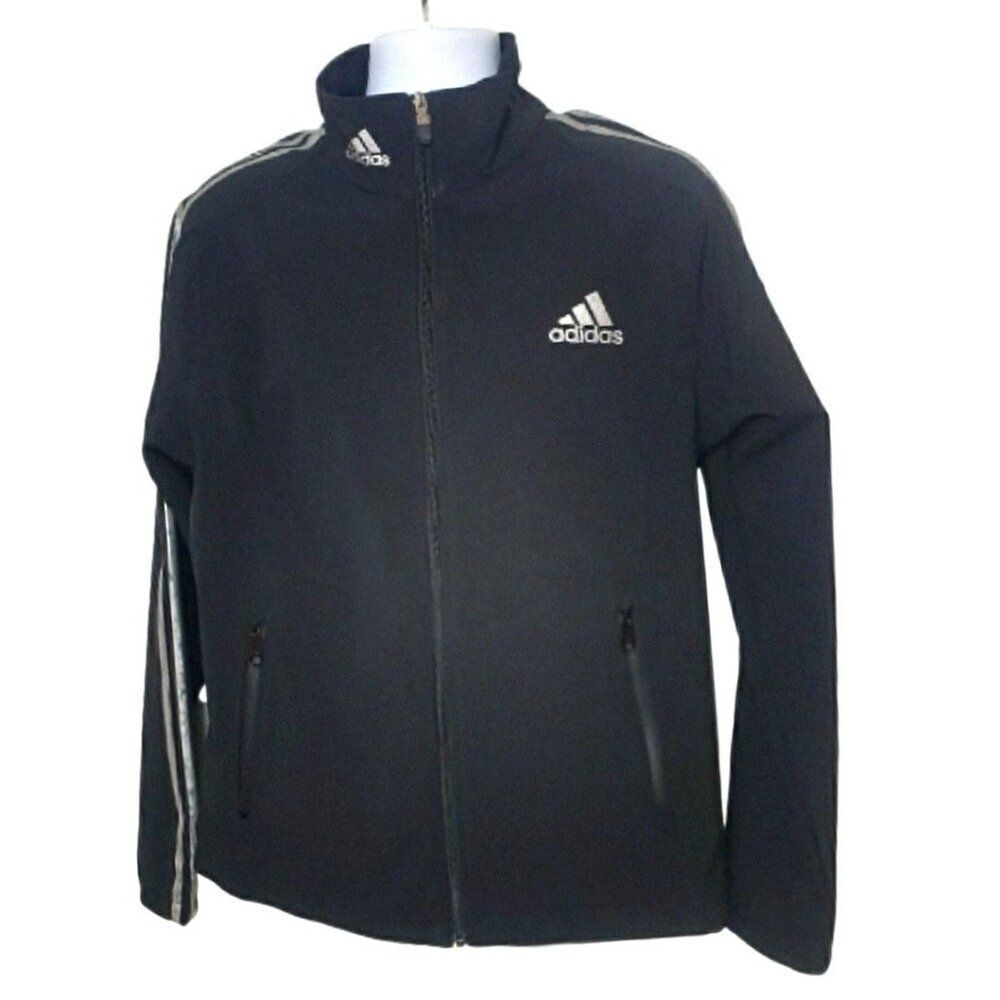 Adidas Mens Black Jacket Lg Iconic Metallic Stripes Logo Full Zip Soft Shell